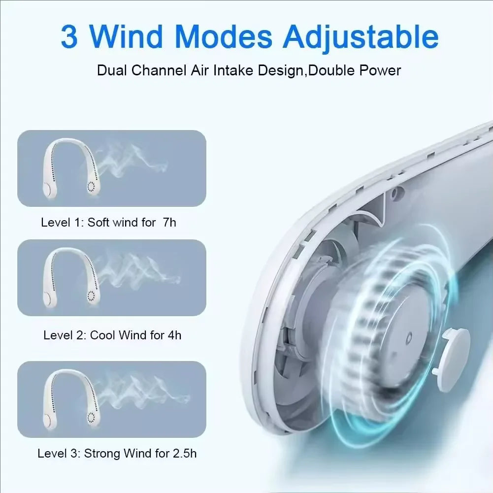 Ventilateur de Cou Sans Lames USB Rechargeable – 3 Vitesses, Portable & Silencieux