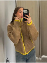 Cardigan stylé hiver pour femme / Cozy Women Elegant Blocking Knitted Cropped Cardigan Lapel Full Sleeves Zipper Pockets Loose Sweaters Lady Winter Daily Wears