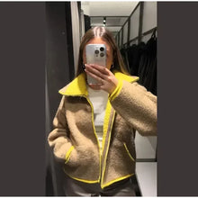 Cardigan stylé hiver pour femme / Cozy Women Elegant Blocking Knitted Cropped Cardigan Lapel Full Sleeves Zipper Pockets Loose Sweaters Lady Winter Daily Wears