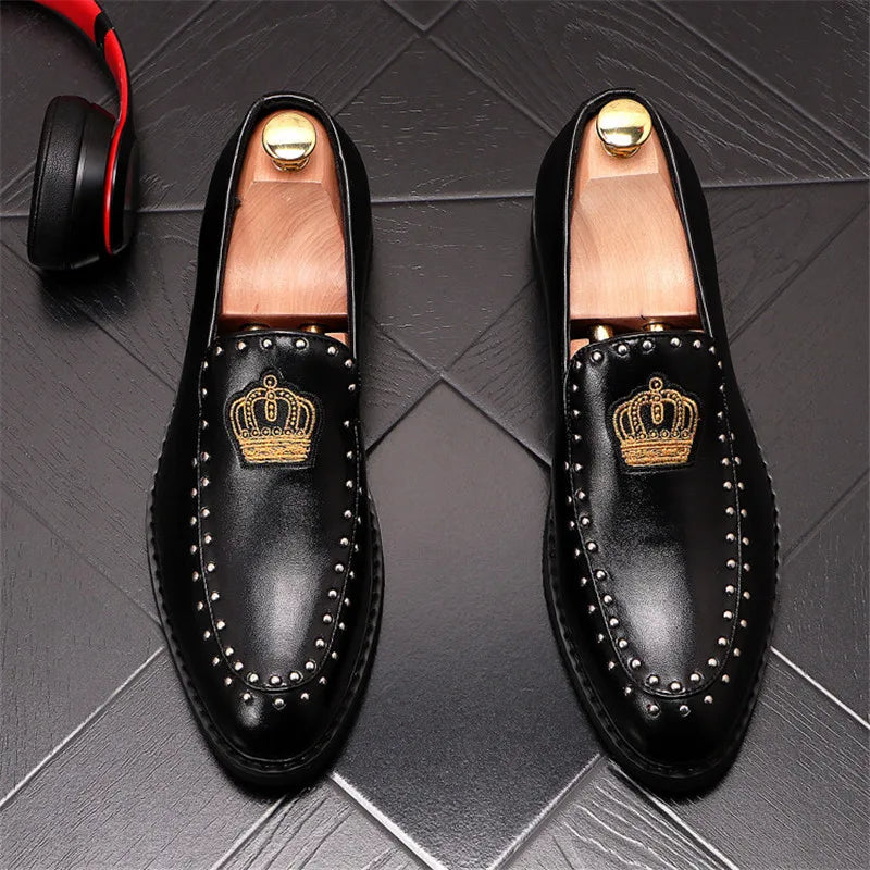Mocassins Cuir Broderie Couronne Homme – Slip-On Luxe Designer 2026 | Noir & Blanc EU 38-46 - kadopascher