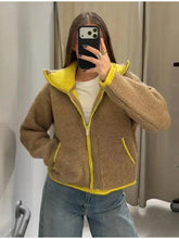 Cardigan stylé hiver pour femme / Cozy Women Elegant Blocking Knitted Cropped Cardigan Lapel Full Sleeves Zipper Pockets Loose Sweaters Lady Winter Daily Wears