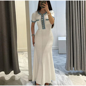 Robe élégante femme / Elegant V Neck Denim Patchwork Knitted Long Dress Women Fashion Short Sleeved Buttons Bodycon Dresses Office Lady Pockets Robes