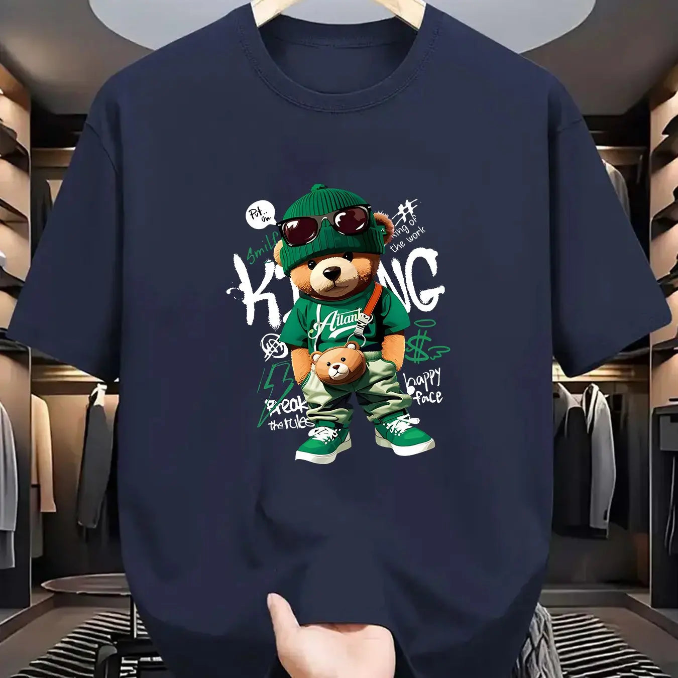 T-shirt homme collection 2025 chic et élégant 
Summer 100 Cotton Fashionable Casual Loose Large Geometric Bear Pattern Printed Sports Round Neck Short Sleeve T-shirt Top - kadopascher