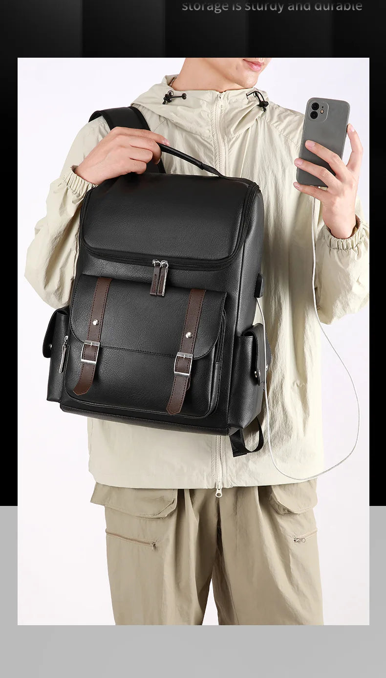 Sac à Dos Rétro en Cuir PU – Style Britannique | USB, Waterproof, Grande Capacité - kadopascher