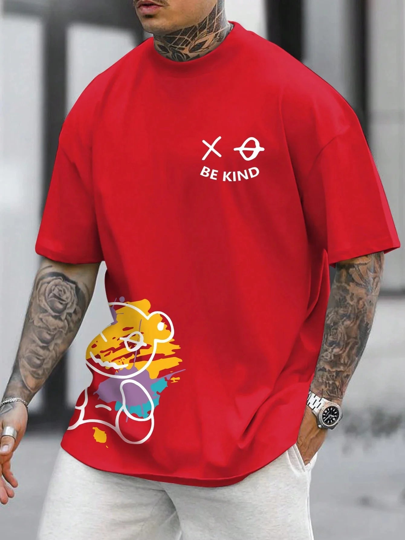 T-shirt homme collection 2025 chic et élégant 
100% pure cotton summer loose size BE KIND letter cartoon print casual comfortable round neck short sleeved T-shirt top - kadopascher