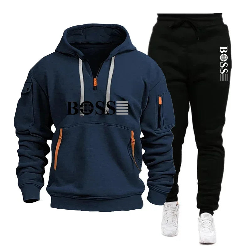 Ensemble Homme Sweat à Capuche + Pantalon - Jogging Coupe-Vent Chaud Automne-Hiver