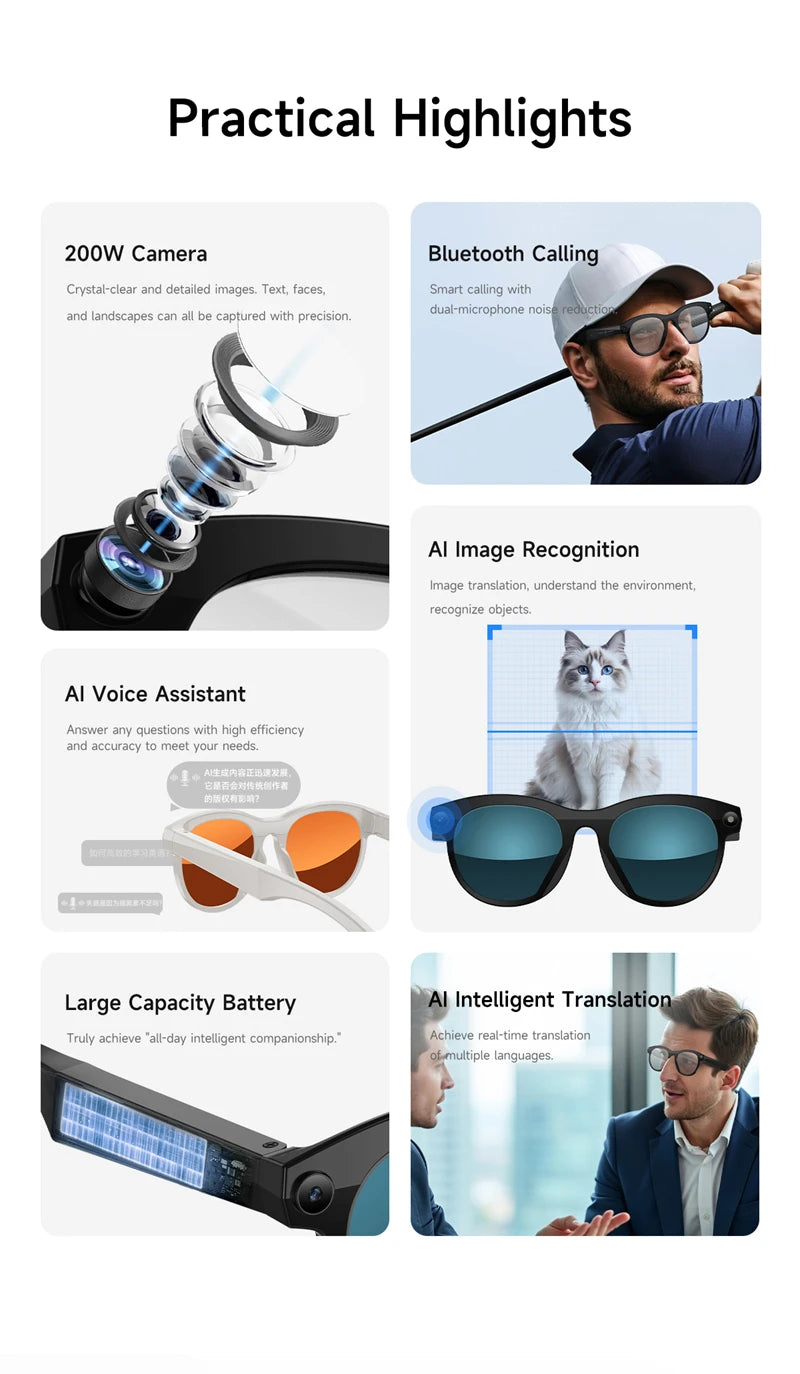 Lunettes Connectées Caméra 4K – Photos, Vidéos, Traduction IA, Appels Bluetooth