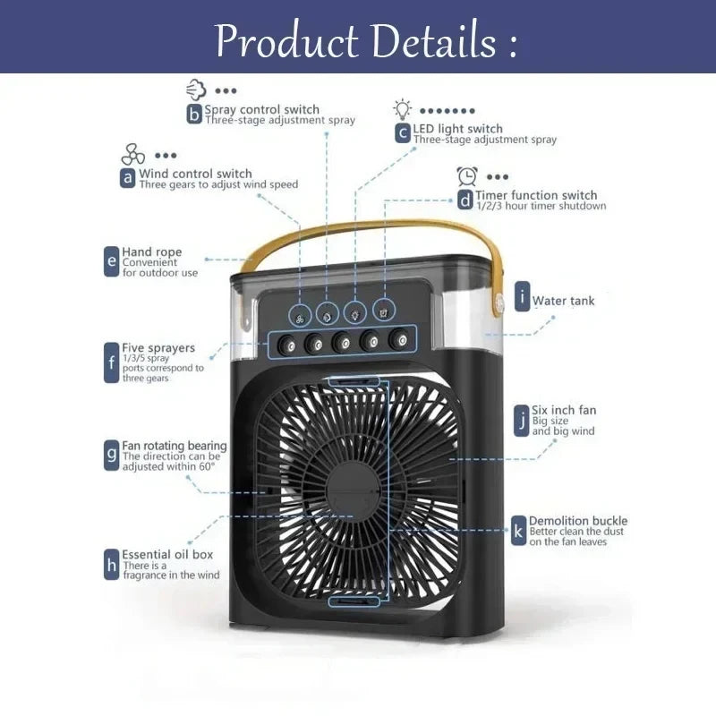 Ventilateur 3-en-1 Climatiseur Humidificateur Portable USB – Lumière LED 7 Couleurs - kadopascher