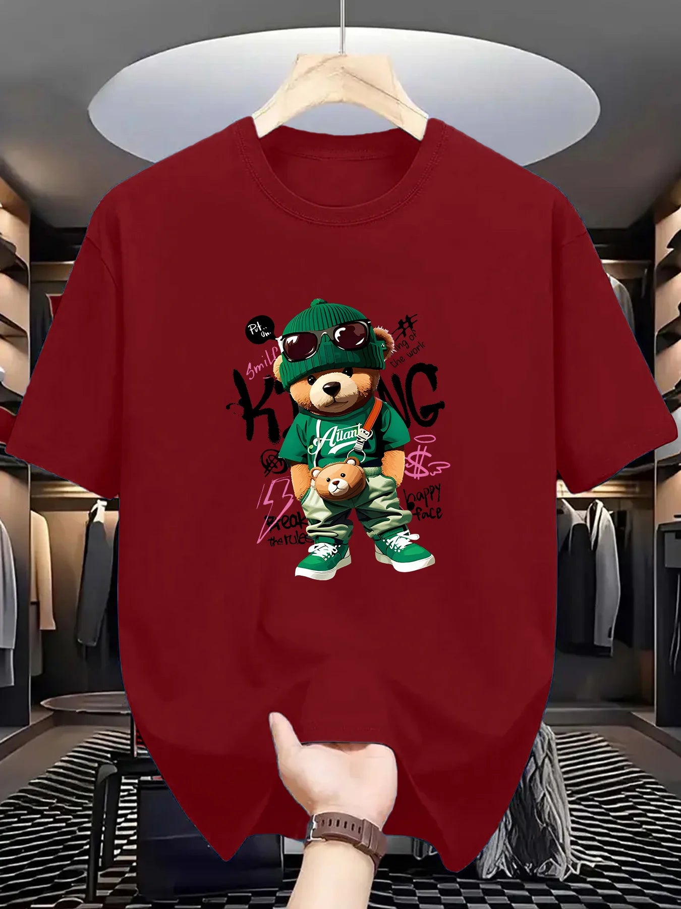 T-shirt homme collection 2025 chic et élégant 
Summer 100 Cotton Fashionable Casual Loose Large Geometric Bear Pattern Printed Sports Round Neck Short Sleeve T-shirt Top - kadopascher