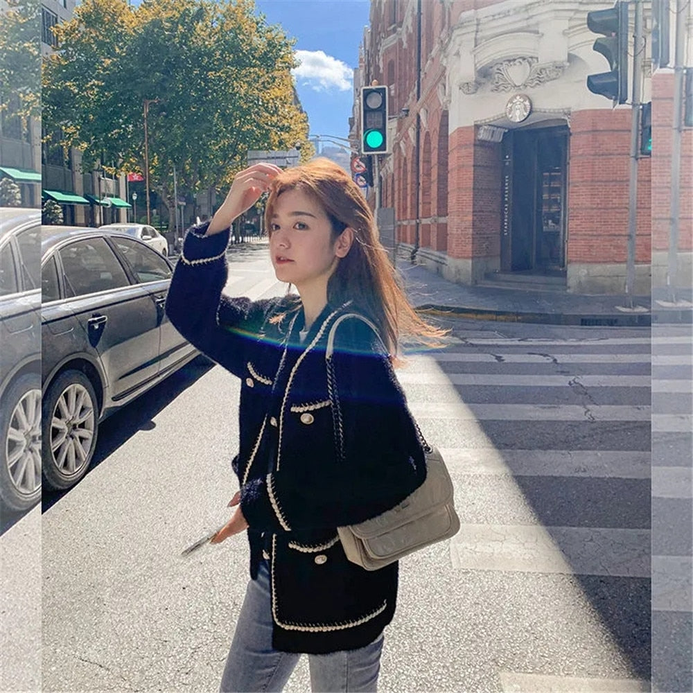 White Mink Cashmere Sweater Coat Women Autumn Winter Lazy Style Female Korean Retro Black Loose O Neck Knitted Cardigan Fashion - kadopascher