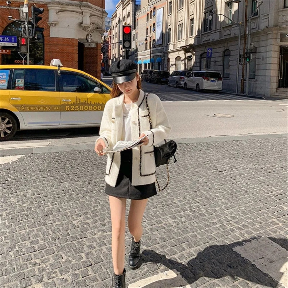 White Mink Cashmere Sweater Coat Women Autumn Winter Lazy Style Female Korean Retro Black Loose O Neck Knitted Cardigan Fashion - kadopascher