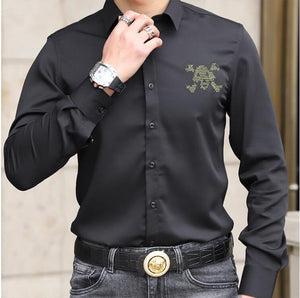 Chemise luxe homme / Mens Skulls Shirts Diamond stone Long Sleeve Button Hot drill Cotton Long Shirts Men