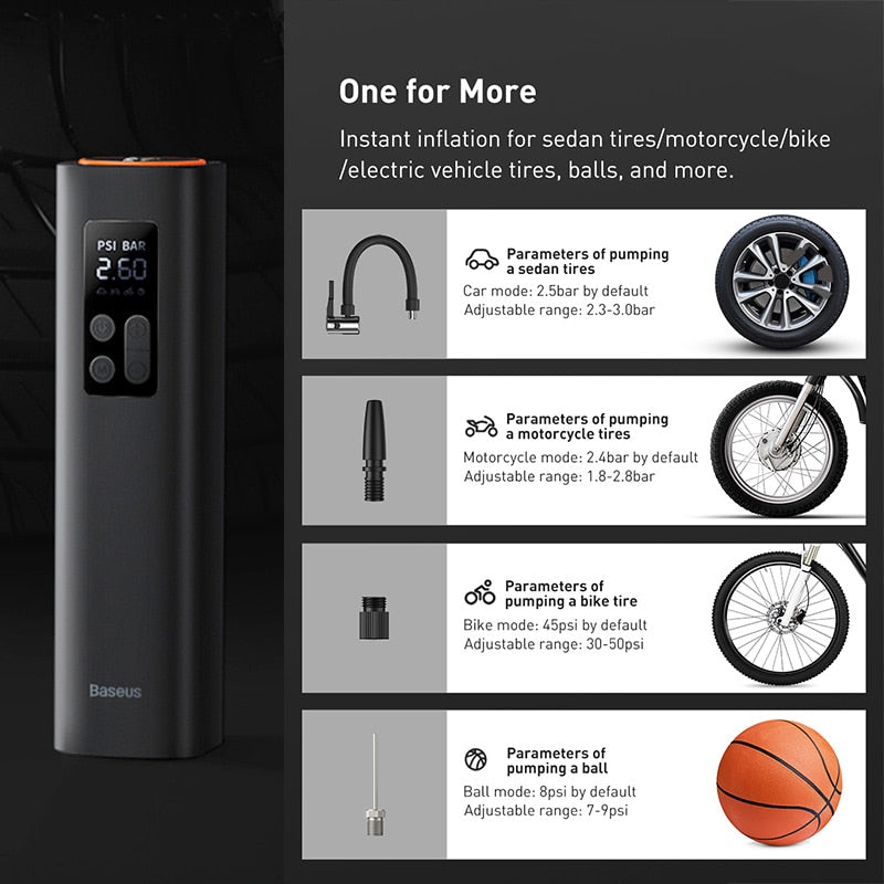 Baseus Inflator Pump 12V Portable Car Air Compressor for Motorcycles Bicycle Boat Tyre Inflator Digital Auto Inflatable Pump - kadopascher