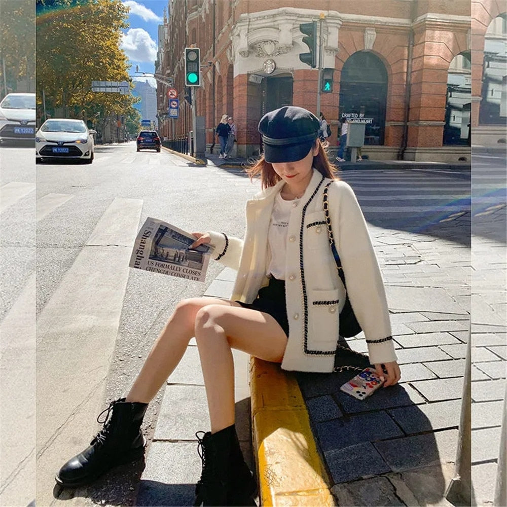 White Mink Cashmere Sweater Coat Women Autumn Winter Lazy Style Female Korean Retro Black Loose O Neck Knitted Cardigan Fashion - kadopascher