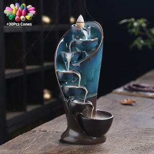 Handmade Torch Design With 30 Cones Waterfall Incense Burner Creative Home Decor Incense Holder Portable Ceramic Censer - kadopascher