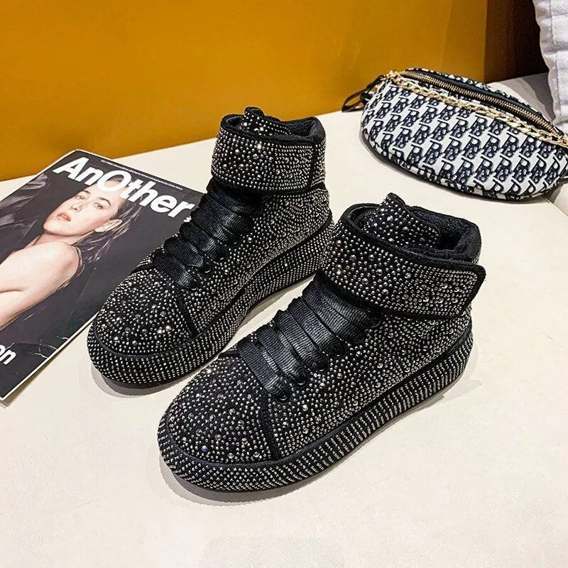 Fashion Sneakers Women Trend 2022 New Spring Autumn Platform Lace Up Rhinestone Women Casual Shoes Fashion Shiny Ladies Shoes - kadopascher