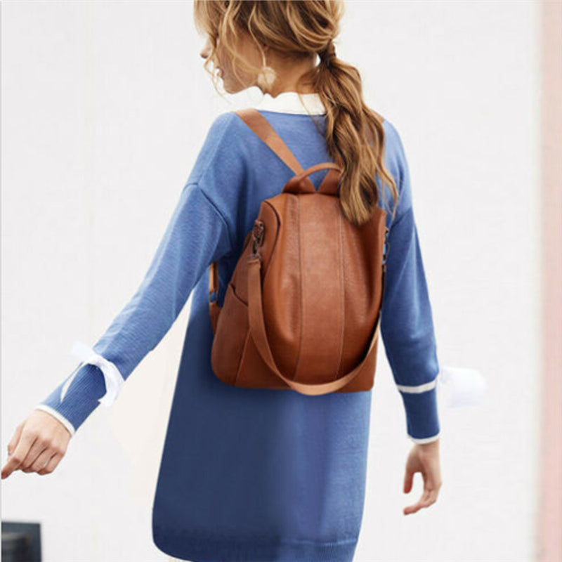 Sac à dos anti-vol féminin classique en cuir PU couleur unie sac à dos canta mode sac à bandoulière - kadopascher.com