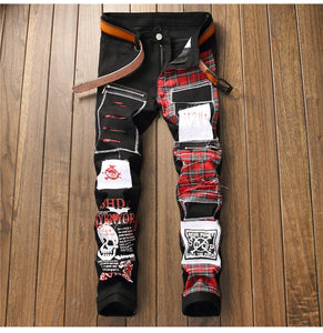 jeans patchwork homme / Trendy patchs design noir denim / pantalon long luxe homme - kadopascher.com