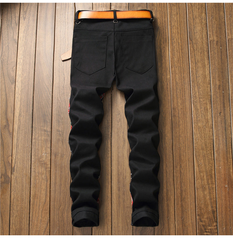 jeans patchwork homme / Trendy patchs design noir denim / pantalon long luxe homme - kadopascher.com