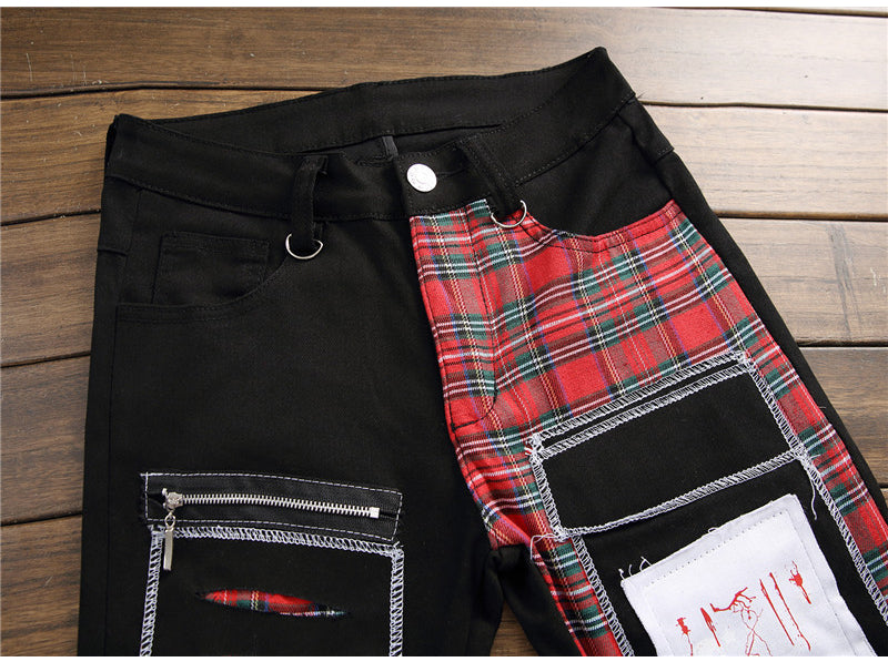 jeans patchwork homme / Trendy patchs design noir denim / pantalon long luxe homme - kadopascher.com