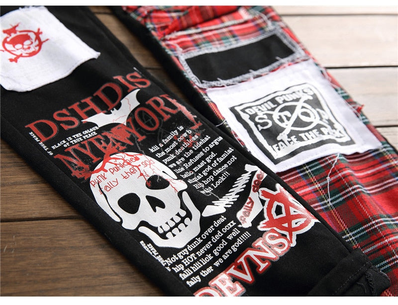 jeans patchwork homme / Trendy patchs design noir denim / pantalon long luxe homme - kadopascher.com