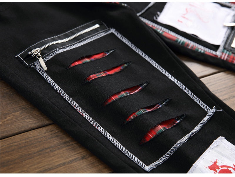 jeans patchwork homme / Trendy patchs design noir denim / pantalon long luxe homme - kadopascher.com