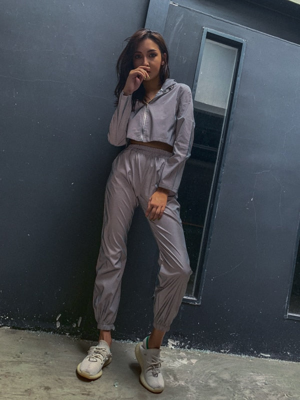Pantalon de jogging femme réfléchissant 2019 automne hiver / femmes casual gris solide streetwear pantalon vêtements de mode - kadopascher.com