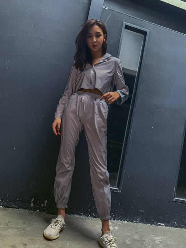 Pantalon de jogging femme réfléchissant 2019 automne hiver / femmes casual gris solide streetwear pantalon vêtements de mode - kadopascher.com