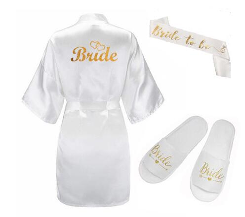 3pc set of glitter gold bride satin short bride robe slippers bridal sash peignoir women Bridal Party 2019 kimono robe - kadopascher