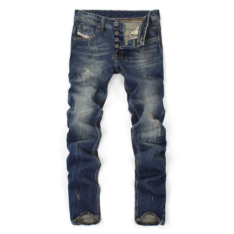 Célèbre Marque Fashion Designer Jeans Hommes coupe Droite Bleu Foncé Couleur Imprimé Hommes Jeans Déchiré Jeans, 100% Coton - kadopascher.com