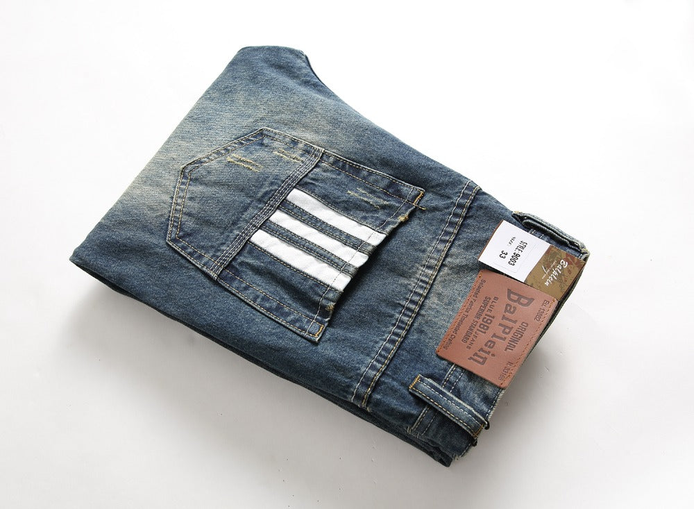 Célèbre Marque Fashion Designer Jeans Hommes coupe Droite Bleu Foncé Couleur Imprimé Hommes Jeans Déchiré Jeans, 100% Coton - kadopascher.com