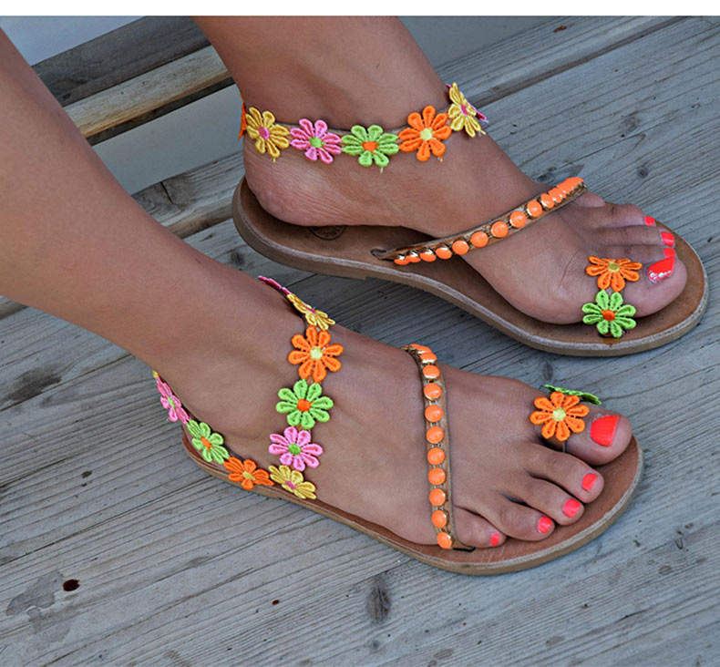 Sandales été chic / Women Sandals Bohemia Style Summer Shoes For Women Flat Sandals Beach Shoes 2019 Flowers Flip Flops Plus Size Chaussures Femme - kadopascher