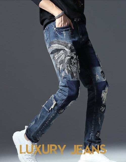 Célèbre marque Fashion Designer Jeans Hommes coupe droite slim Couleur Imprimé Hommes 100% Coton - kadopascher.com