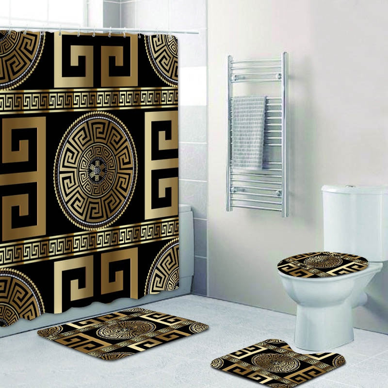 Habillage Salle de bain luxueux / 3D Luxury Black Gold Greek Key Meander Bathroom Curtains Shower - kadopascher