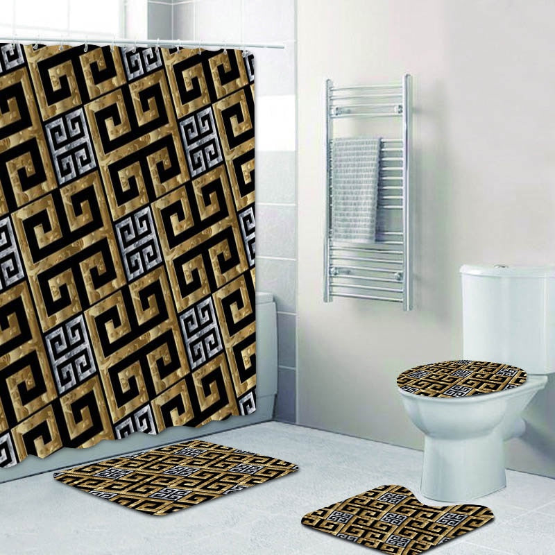 Habillage Salle de bain luxueux / 3D Luxury Black Gold Greek Key Meander Bathroom Curtains Shower - kadopascher