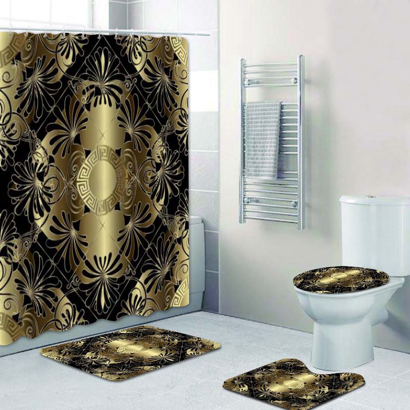 Habillage Salle de bain luxueux / 3D Luxury Black Gold Greek Key Meander Bathroom Curtains Shower - kadopascher
