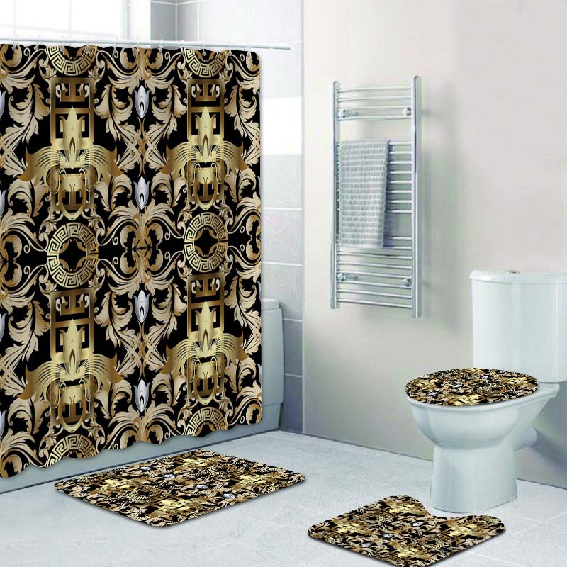 Habillage Salle de bain luxueux / 3D Luxury Black Gold Greek Key Meander Bathroom Curtains Shower - kadopascher