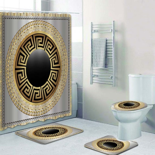 Habillage Salle de bain luxueux / 3D Luxury Black Gold Greek Key Meander Bathroom Curtains Shower - kadopascher