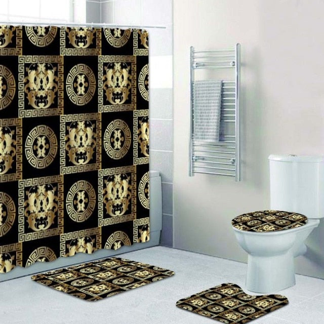 Habillage Salle de bain luxueux / 3D Luxury Black Gold Greek Key Meander Bathroom Curtains Shower - kadopascher
