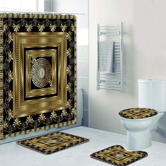 Habillage Salle de bain luxueux / 3D Luxury Black Gold Greek Key Meander Bathroom Curtains Shower - kadopascher