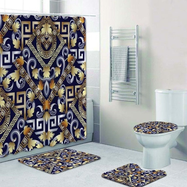 Habillage Salle de bain luxueux / 3D Luxury Black Gold Greek Key Meander Bathroom Curtains Shower - kadopascher
