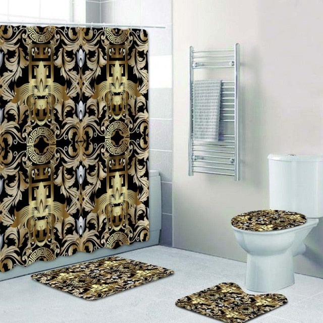 Habillage Salle de bain luxueux / 3D Luxury Black Gold Greek Key Meander Bathroom Curtains Shower - kadopascher