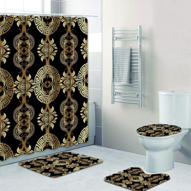 Habillage Salle de bain luxueux / 3D Luxury Black Gold Greek Key Meander Bathroom Curtains Shower - kadopascher