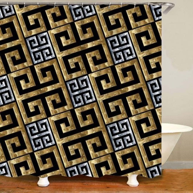 Habillage Salle de bain luxueux / 3D Luxury Black Gold Greek Key Meander Bathroom Curtains Shower - kadopascher
