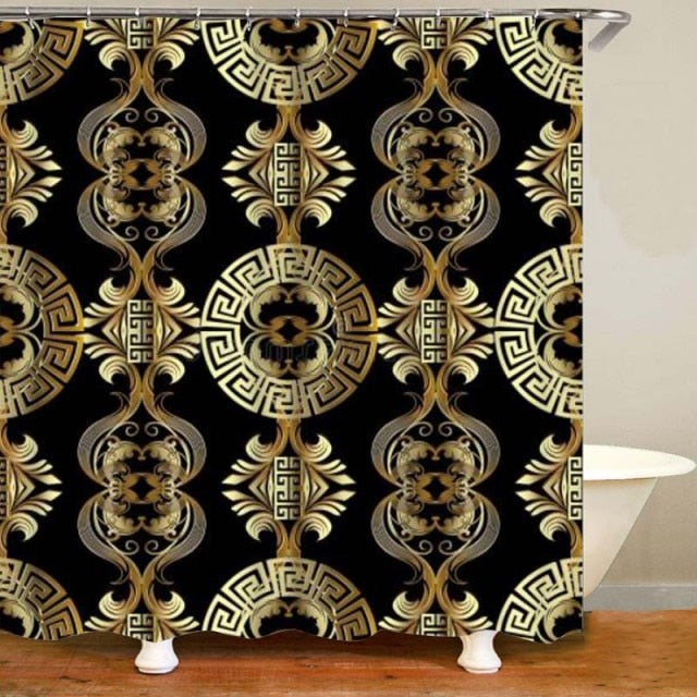 Habillage Salle de bain luxueux / 3D Luxury Black Gold Greek Key Meander Bathroom Curtains Shower - kadopascher