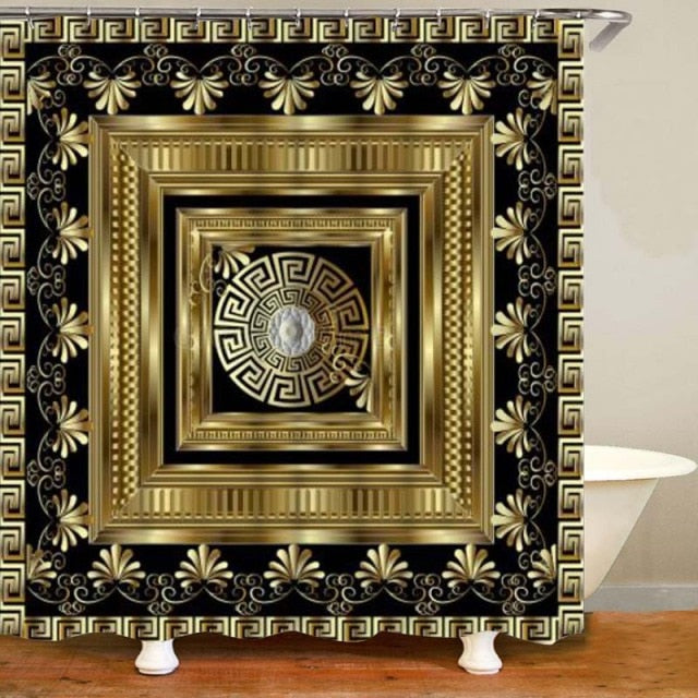 Habillage Salle de bain luxueux / 3D Luxury Black Gold Greek Key Meander Bathroom Curtains Shower - kadopascher