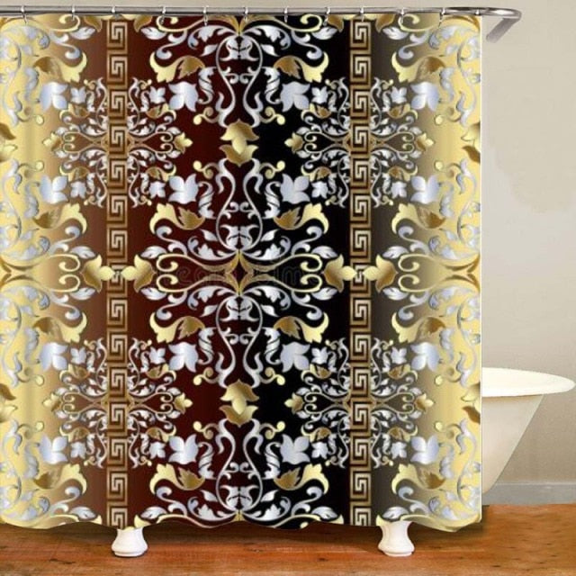 Habillage Salle de bain luxueux / 3D Luxury Black Gold Greek Key Meander Bathroom Curtains Shower - kadopascher