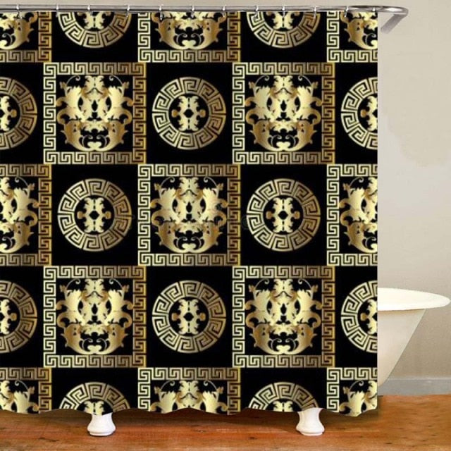 Habillage Salle de bain luxueux / 3D Luxury Black Gold Greek Key Meander Bathroom Curtains Shower - kadopascher