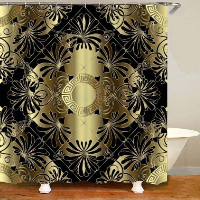 Habillage Salle de bain luxueux / 3D Luxury Black Gold Greek Key Meander Bathroom Curtains Shower - kadopascher