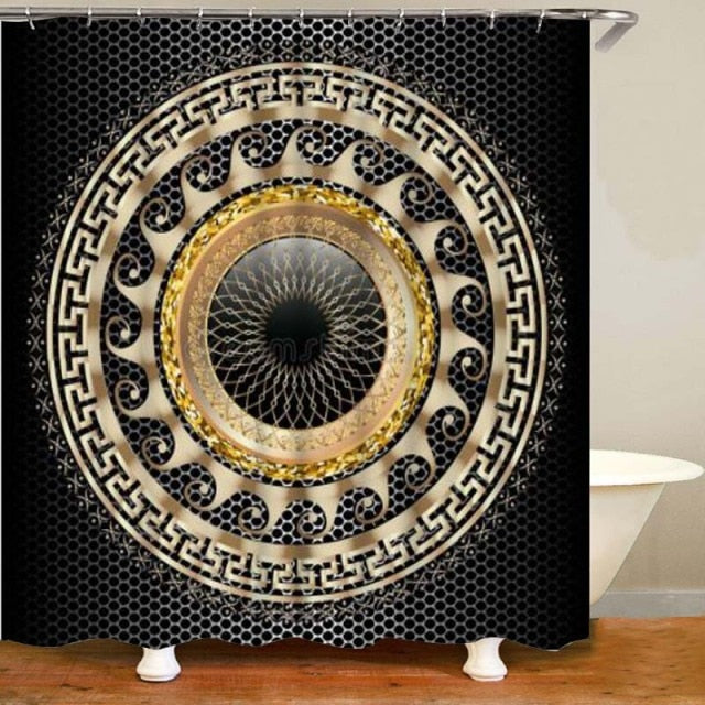Habillage Salle de bain luxueux / 3D Luxury Black Gold Greek Key Meander Bathroom Curtains Shower - kadopascher